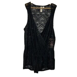 Miken Black Crochet Swim Cover Up Romper Boho Lace Sheer Juniors Large geometric